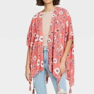 Knox Rose Coral Foral Tassel Kimono Womens M/L Open Boho Festival Topper
